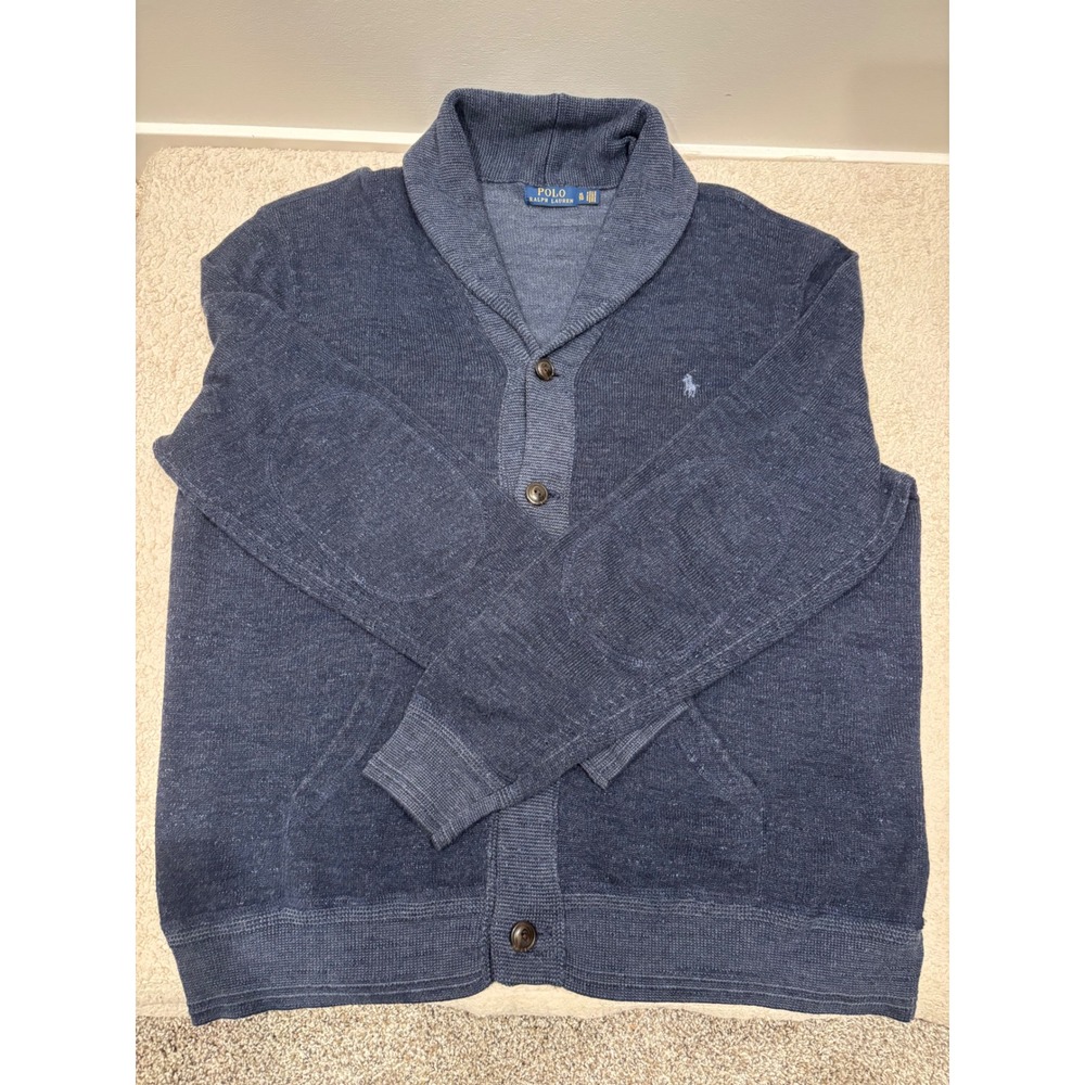 Polo Ralph Lauren Mens XL Blue Cotton Shawl Collar Elbow Patch Cardigan Sweater